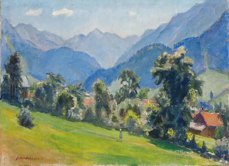 Oil painting by Otto Modersohn depicting hills and a village.