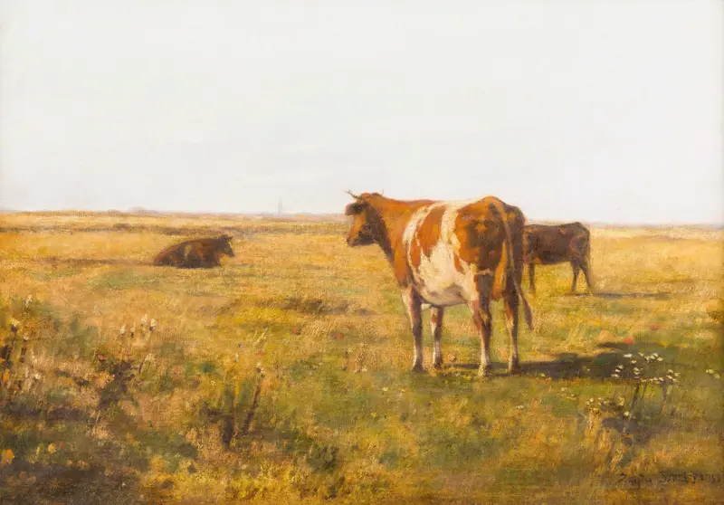 Rinder auf Sommerwiese by Eugen Jettel, realism, depicts cattle grazing in a sunlit meadow