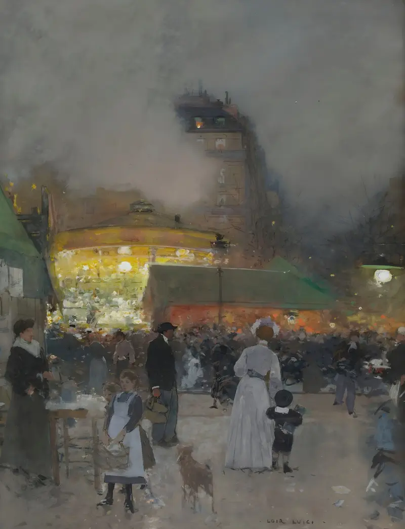 Genre scene depicting a carnival with lights, by Luigi Loir, Impressionism