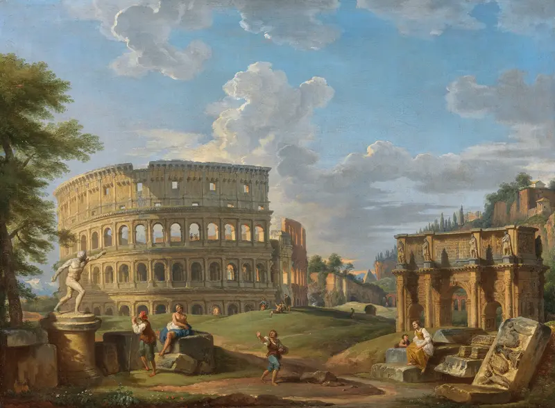 Rococo landscape featuring the Colosseum and Arch of Constantine by Giovanni Paolo Panini
