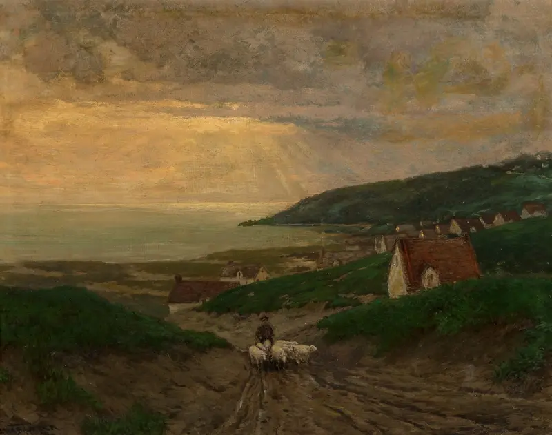 Early Morning by Julian Onderdonk, oil on canvas depicting a serene landscape with dew on grass.