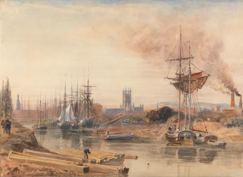 Landscape of Gloucester by Peter DeWint, featuring rich earth tones in an oil painting.