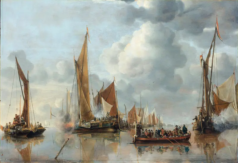 The Home Fleet Saluting the State Barge by Jan van de Cappelle, oil painting depicting a regal ceremony on water.