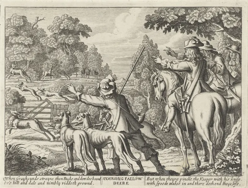 Herten nagejaagd door jachthonden, etching by Richard Gaywood depicting fleeing deer and hunting dogs.