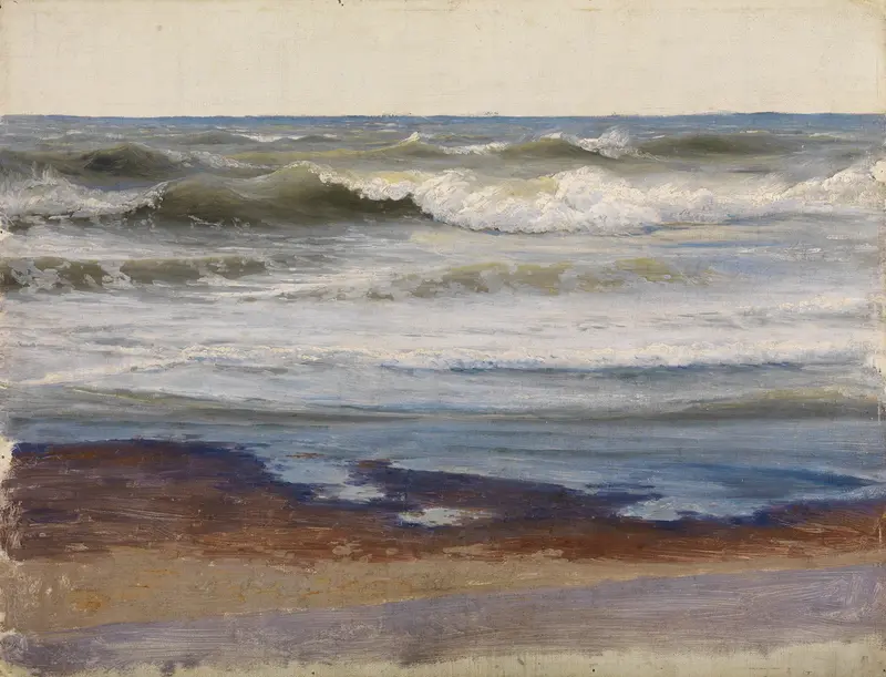Marine scene with crashing waves on the coast, oil painting by Johann Wilhelm Schirmer.