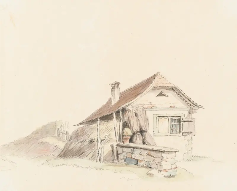 Bauernhaus by Johann Ludwig Aberli, oil painting of a farmhouse under stormy skies.