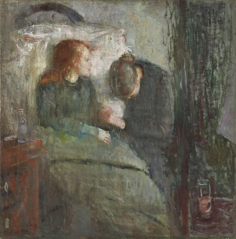 The Sick Child, oil on canvas by Edvard Munch, depicting a frail child in a dimly lit space.