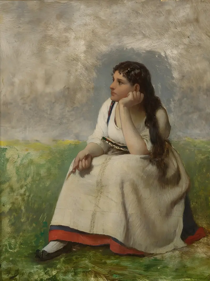 A thoughtful young girl depicted in a serene setting.