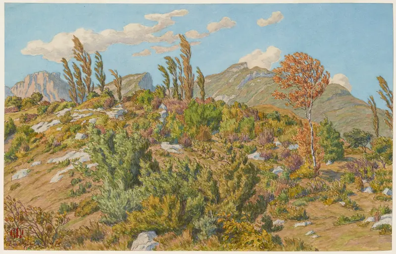 Plateaux de Barberaz by Henri Rivière, lithograph depicting rolling hills and a colorful sky.