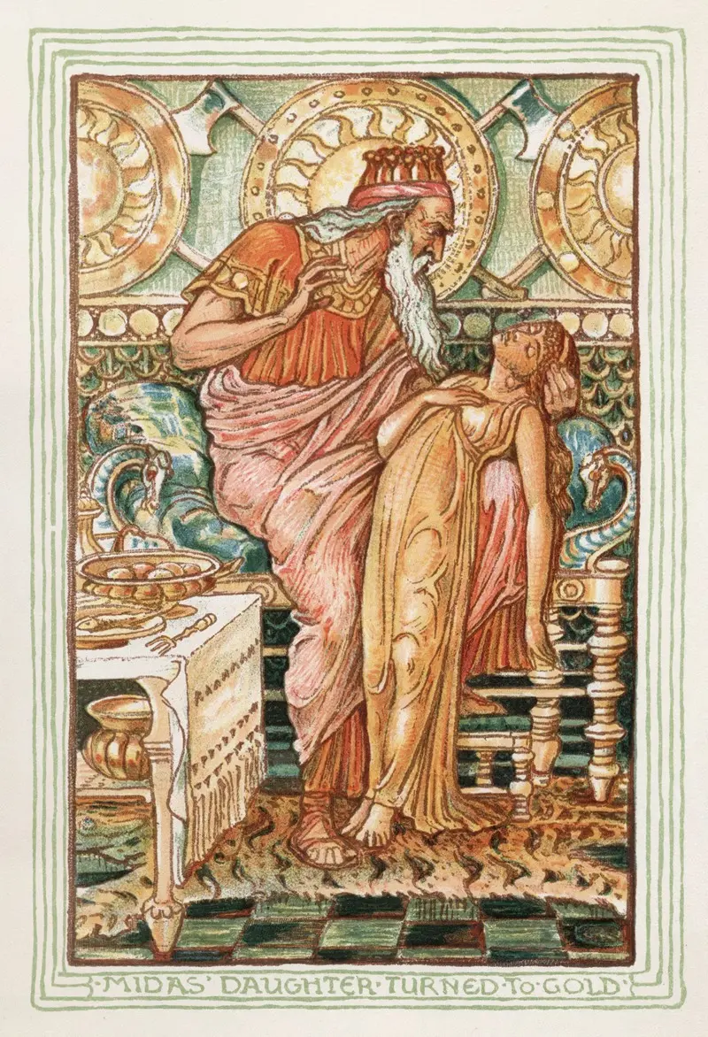 Walter Crane's painting depicts the myth of Midas's daughter turning to gold.