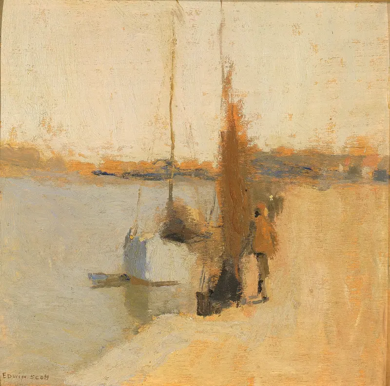 Impressionism artwork by Frank Edwin Scott depicting a fishing boat on water