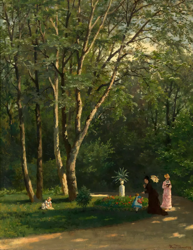 Figurative scene in a garden, oil painting by Hugo Darnaut