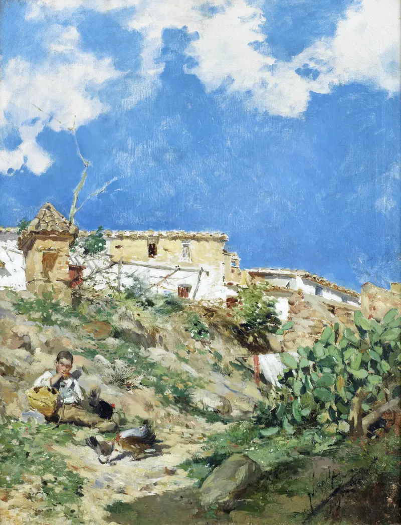 A bright blue sky with scattered clouds over rocky terrain featuring a seated figure, birds, prickly pear cactus, and a small stone structure.