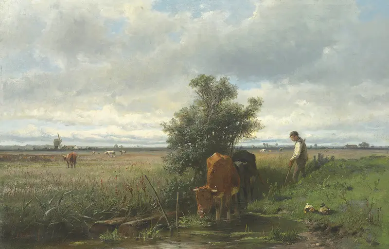 Cattle Watering by Anton Mauve, oil on canvas, depicting cattle at a tranquil watering hole.