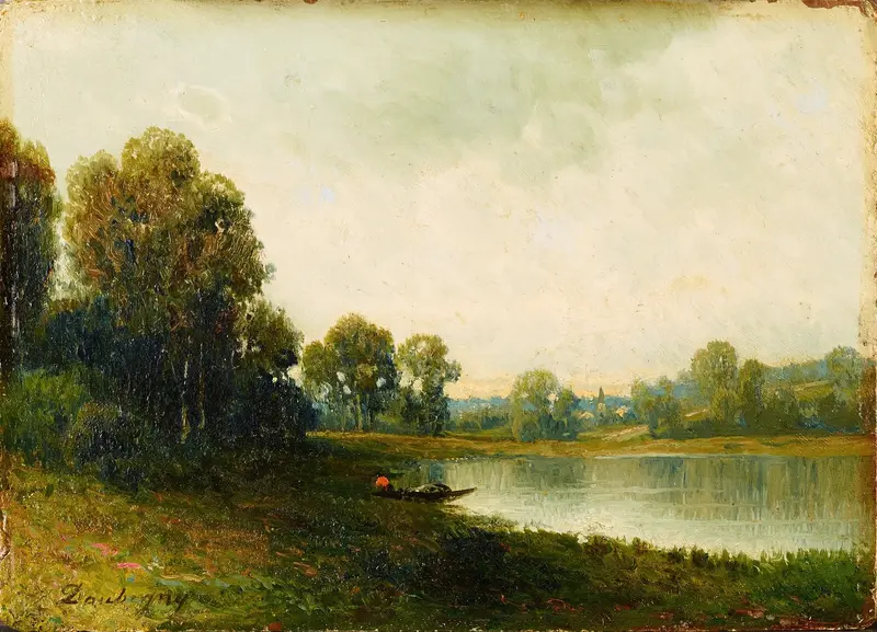 Landscape by Charles François Daubigny, oil on canvas depicting a serene forest with dappled light.