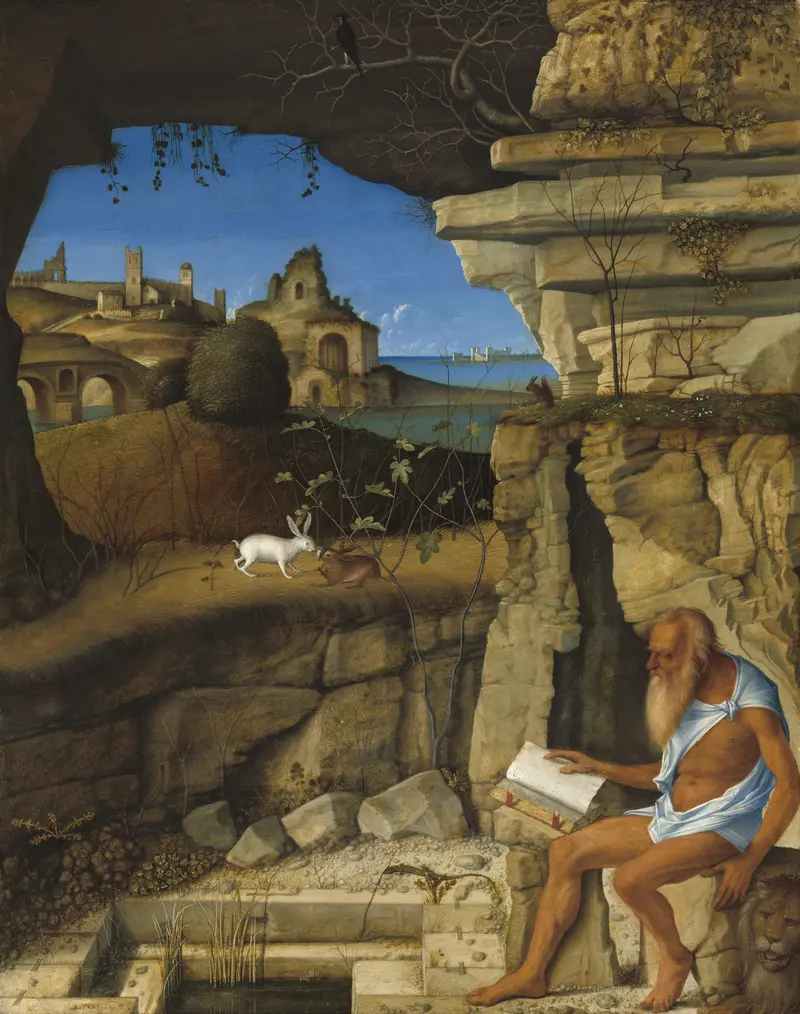 St Jerome Reading in the Countryside by Giovanni Bellini depicts the saint in peaceful contemplation.