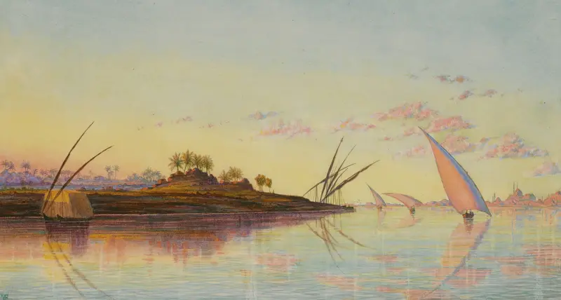View On The Nile Near Cairo, Egypt by Thomas Seddon, oil on canvas depicting a serene river landscape.