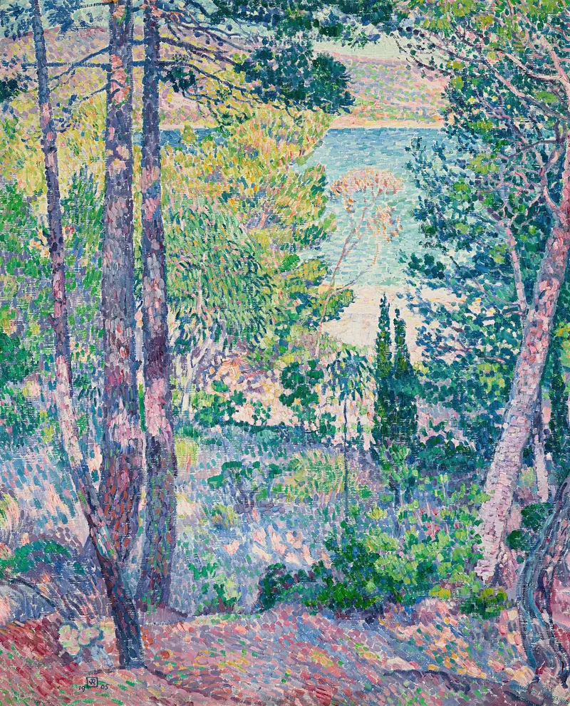 Eucalyptus à Cavalière by Theo van Rysselberghe, oil painting of eucalyptus trees and dappled sunlight.