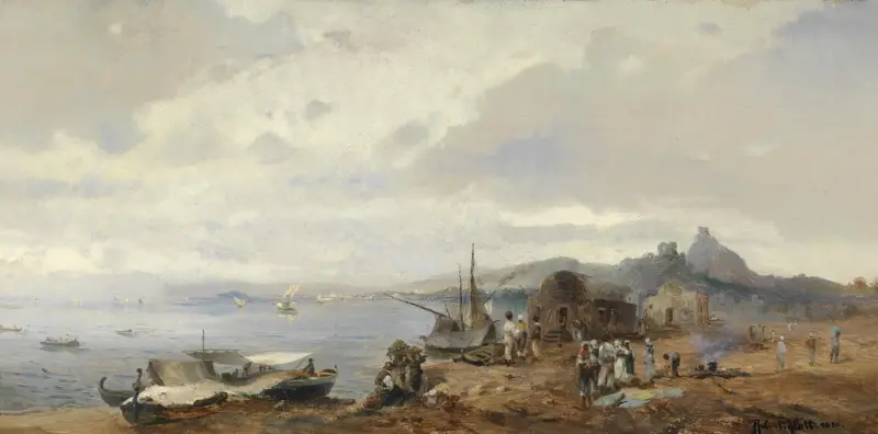 Fischer an einer süditalienischen Küstenlandschaft by Robert Alott, oil painting depicting a fisherman by the sea.