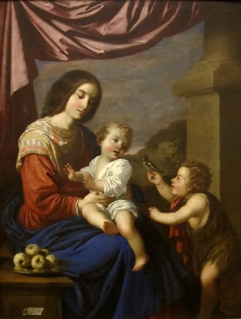 This painting depicts the Virgin Mary with the Child Jesus and Saint John.