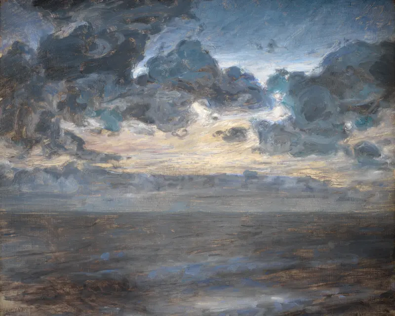 Midsummer Night at Tisvilde Beach, oil on canvas by Julius Paulsen, depicting a serene beach scene.