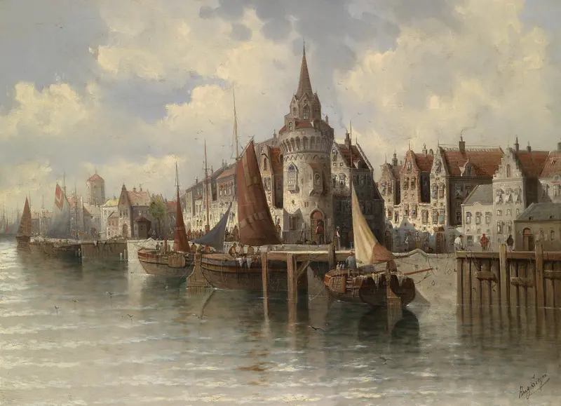 Marine scene depicting a harbor city at dawn by August Von Siegen