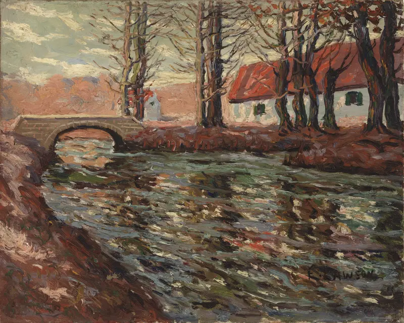 River Landscape by Ernest Lawson, impressionism, depicting a river with reflections and soft light.
