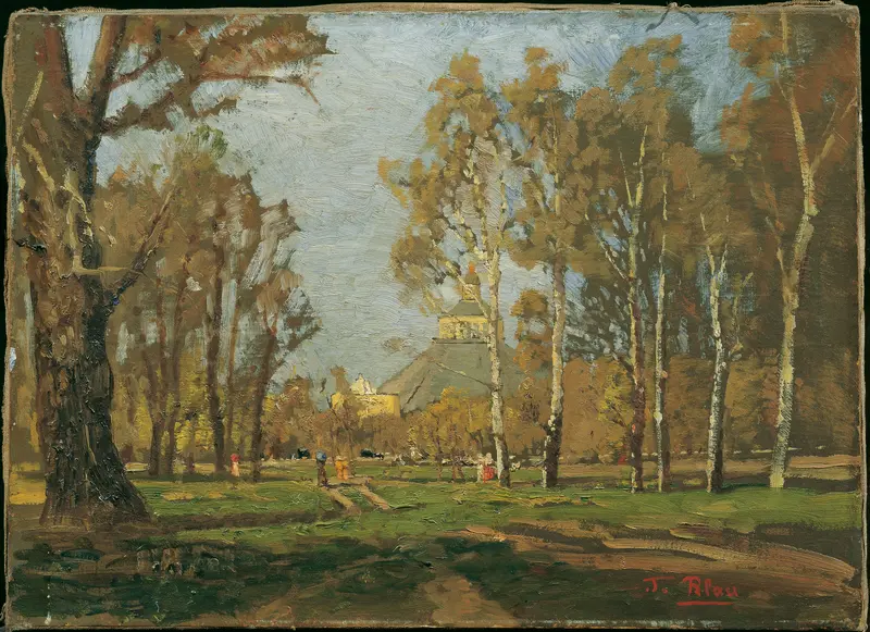 Im Prater bei der Rotunde by Tina Blau, oil painting of a vibrant landscape with sunlight and foliage.