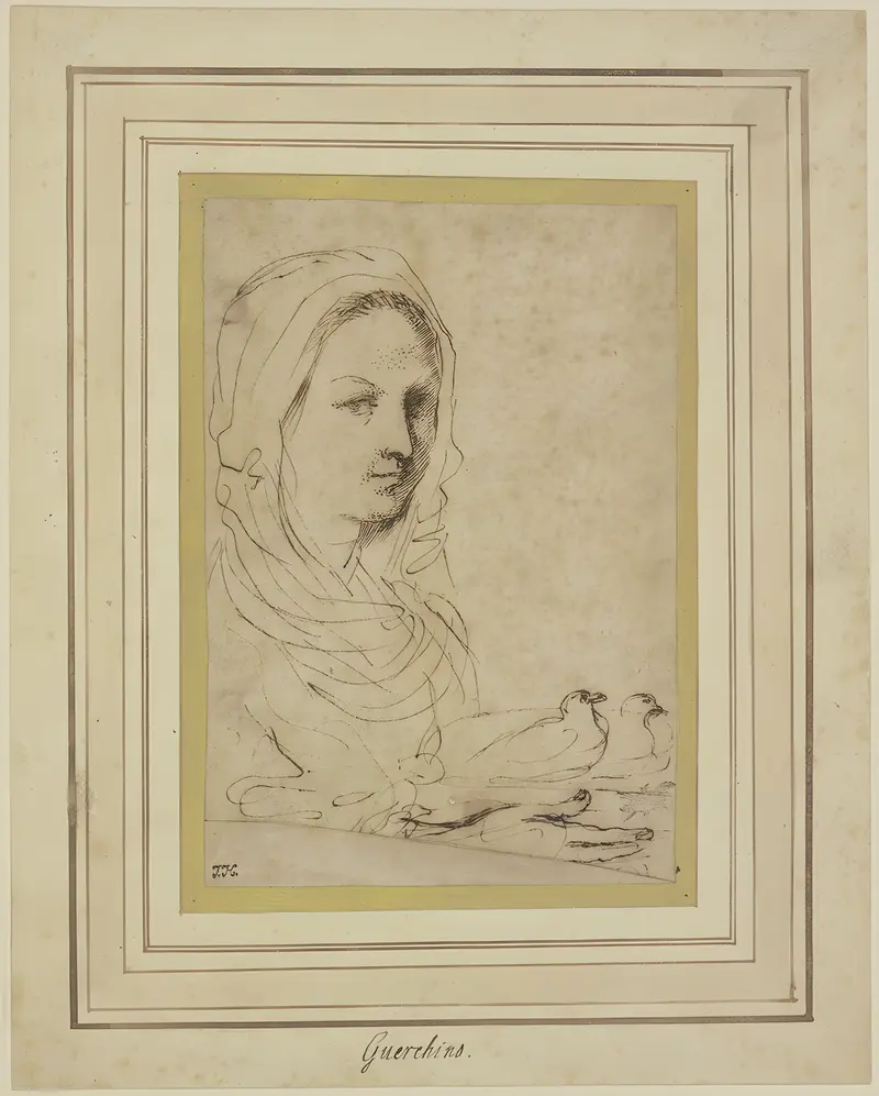 A young girl holding two doves, painted by Guercino.