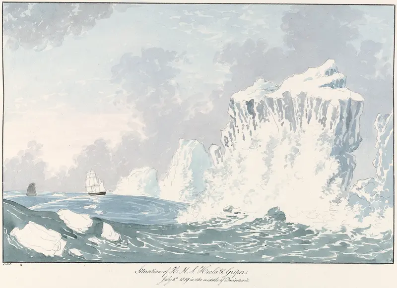 Watercolour by Charles Hamilton Smith depicting H.M.S. Hecla & Griper in a stormy ocean.