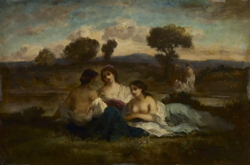 The Bathers by Narcisse-Virgile Diaz de La Peña depicts a serene scene of figures bathing in nature.