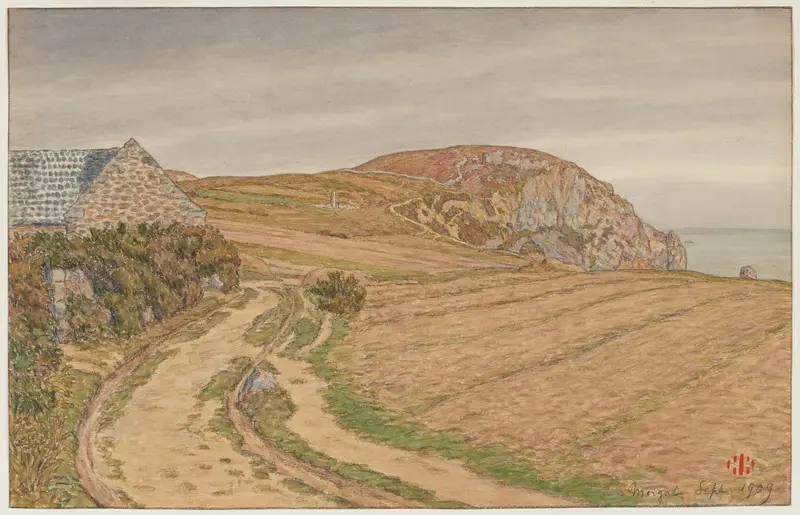 Watercolour by Henri Rivière depicting a serene landscape with a winding path along a river.