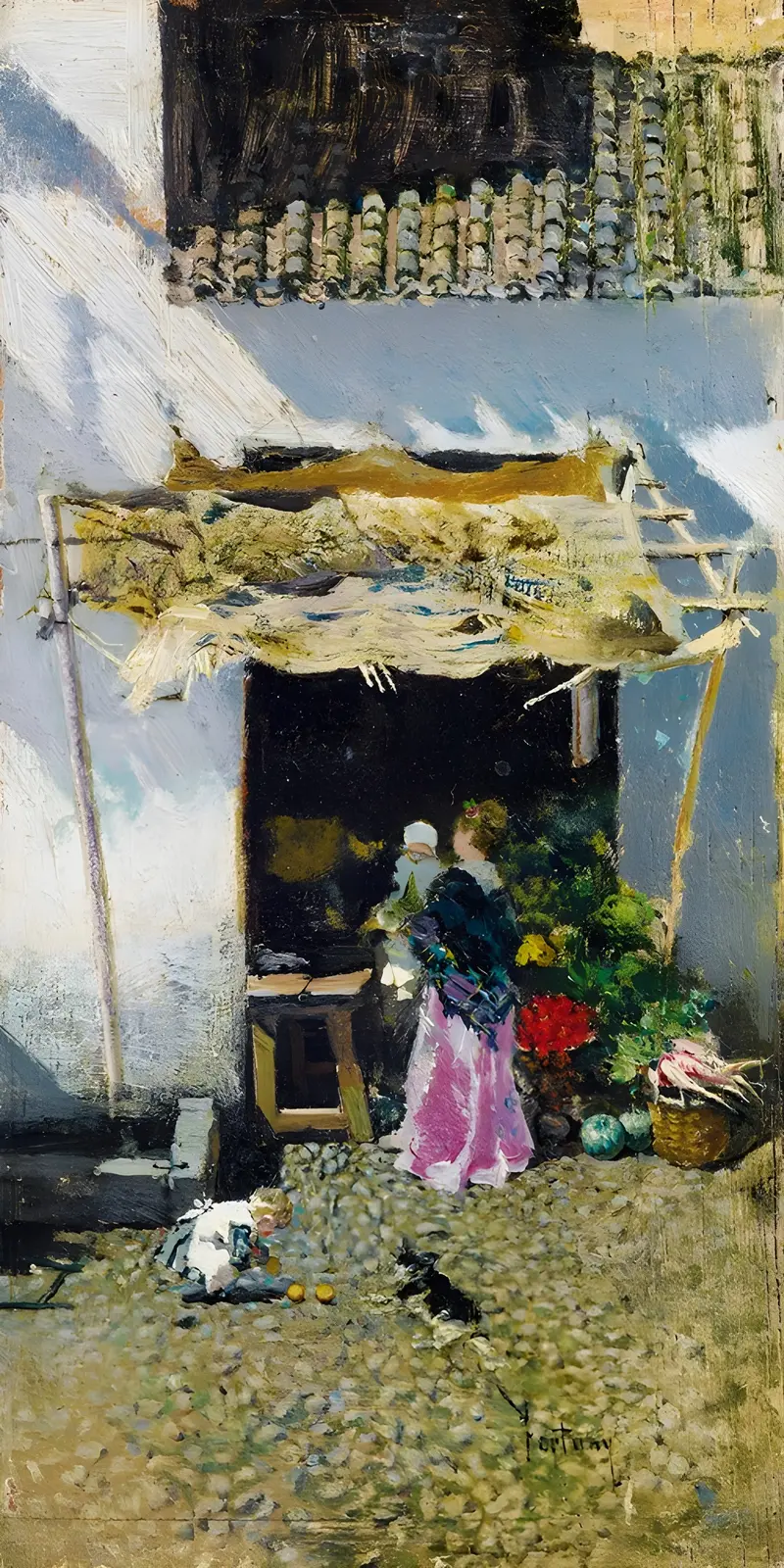 A young woman in a lilac skirt stands in front of a vegetable shop.