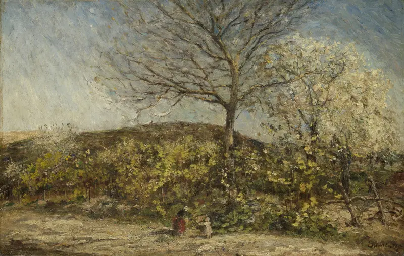 Landschap met bloeiende boomgaard by Adolphe Monticelli, oil painting featuring vibrant blossoms and lush greenery.