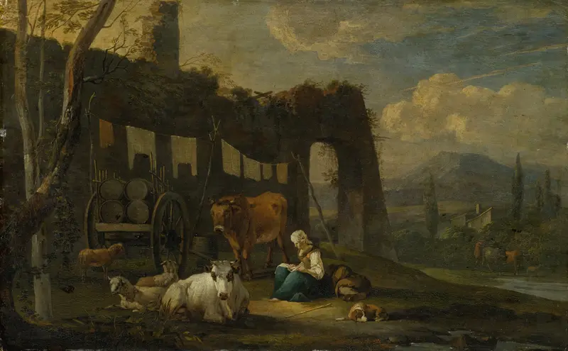 Italian Landscape with Staffage Figures by Willem Romeyn, oil on canvas depicting a lush river scene.