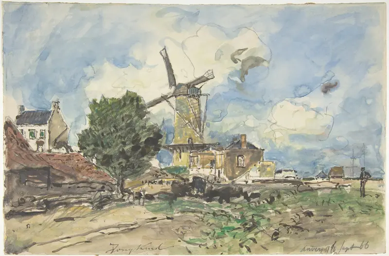 Wind Mill at Antwerp, oil on canvas by Johan Barthold Jongkind, featuring a windmill and river.