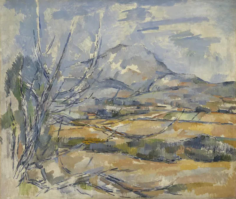 A landscape painting showing Montagne Sainte-Victoire with jagged slopes, broad fields, bare tree branches, and a pale blue sky.