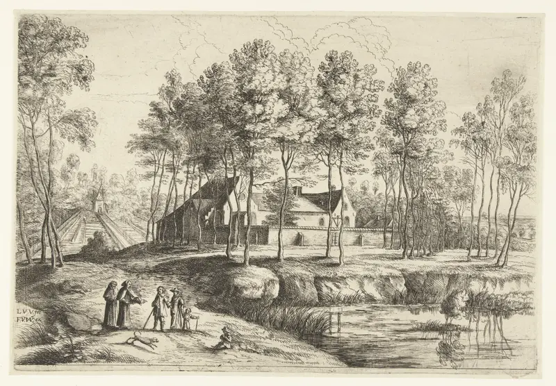 Etching by Lucas van Uden depicting a cloister with architectural forms