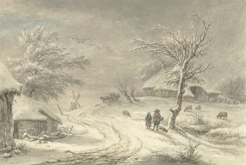 Winter landscape with snow in Drenthe by Egbert van Drielst, oil painting