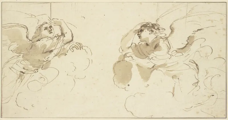 Two angels in clouds by Guercino showcases celestial figures in a dramatic sky.