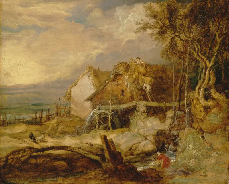 An Overshot Mill by James Ward, oil on canvas, depicting a windmill and gentle sky