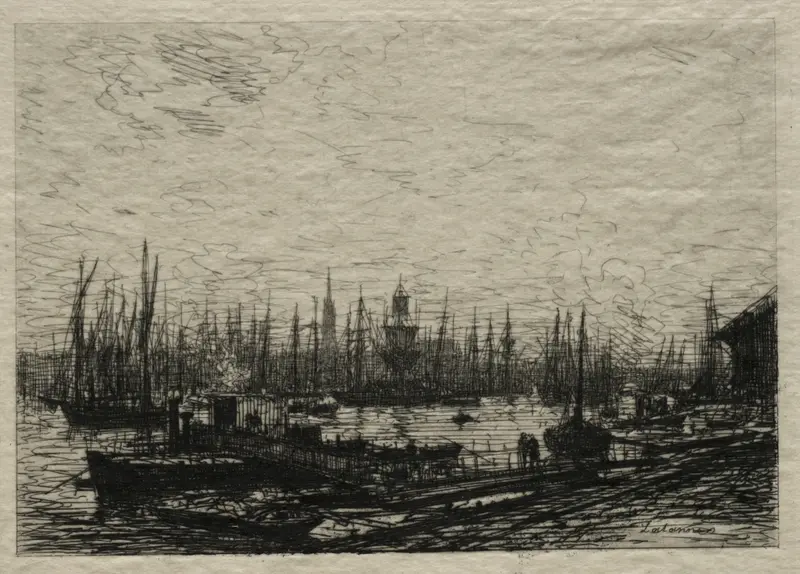 Oil painting by Maxime Lalanne depicting a harbor with a fishing boat.