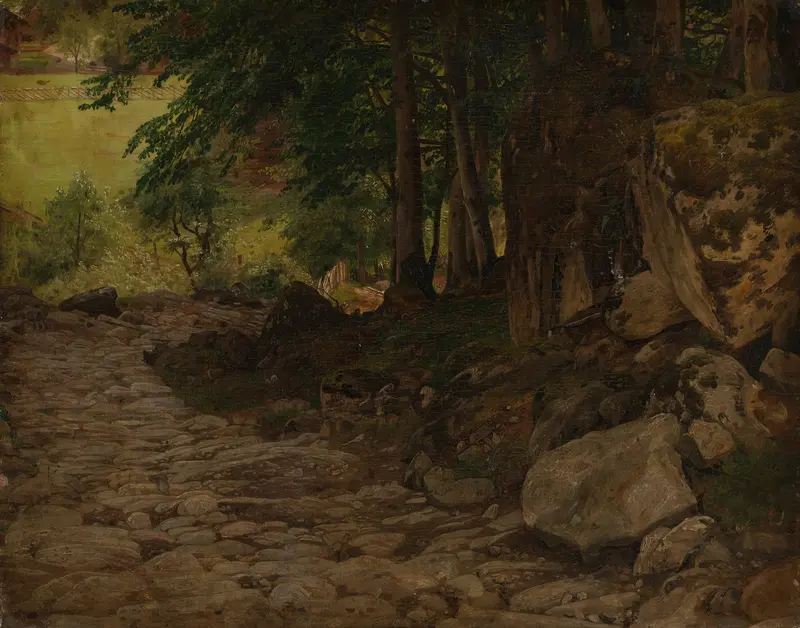 Landscape with cliffs and sunset, oil painting by Johann Wilhelm Schirmer