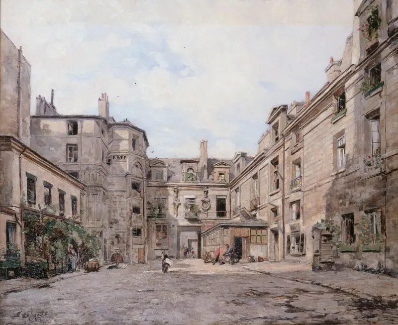 Le passage Charlemagne by Emmanuel Lansyer, oil on canvas depicting a stone passageway with light.
