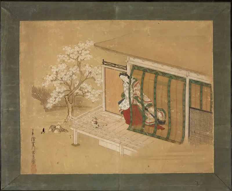 A depiction of the Third Princess from the Tale of Genji, showcasing her introspective gaze and delicate robes.