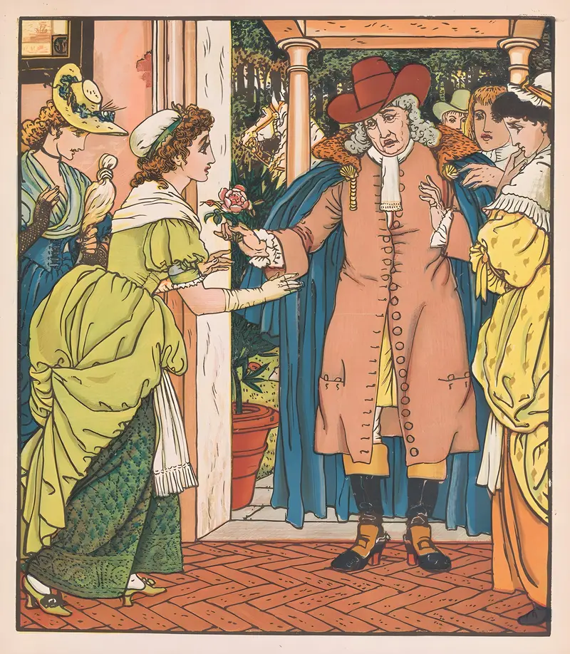 Walter Crane's 'Beauty and the Beast Pl. 02' is a captivating illustration depicting a scene from the classic fairy tale.