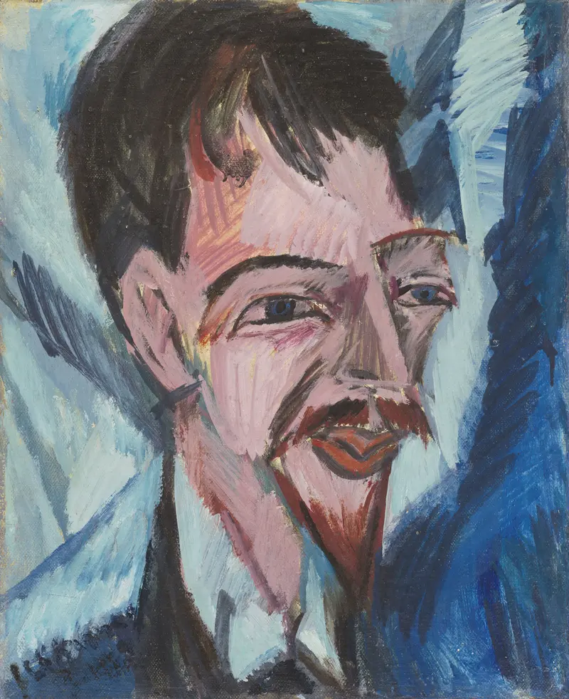 Figurative oil painting by Ernst Ludwig Kirchner, Alfred Döblin, featuring vivid colors and dynamic forms