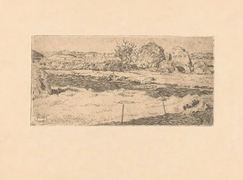 Veld met hooioppers by Pieter Dupont, depicting a tranquil field with golden grasses, oil painting