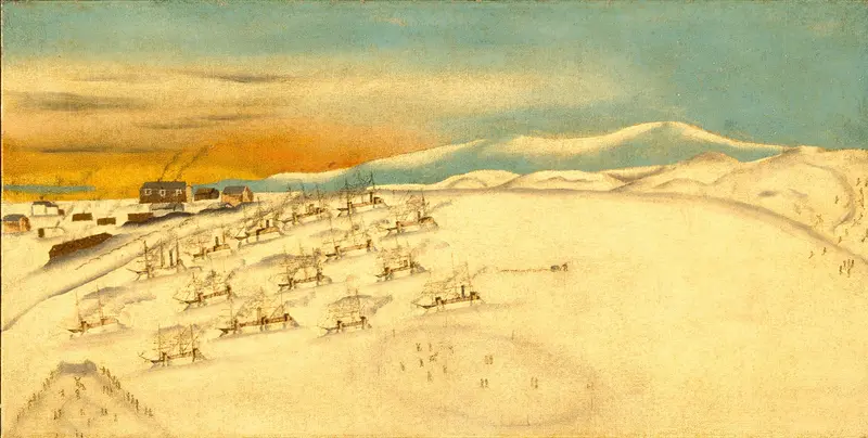 Whaling Fleet, Icebound oil on canvas by Unknown Artist, depicting ships trapped in ice under a gray sky.