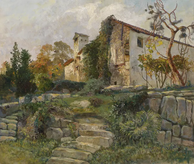 Altes Gemäuer by Marie Egner, realism, depicting weathered stones and foliage